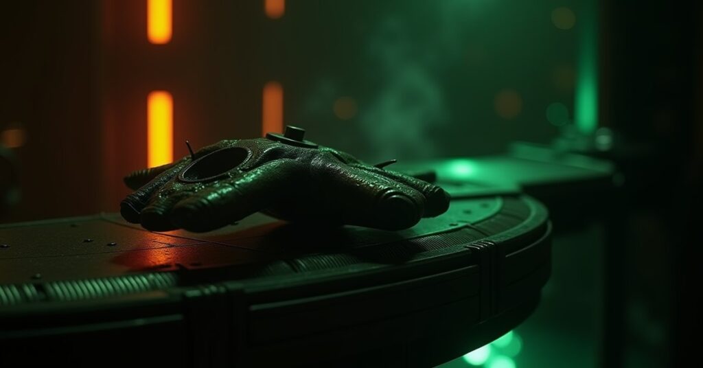 A handheld Cardassian interrogation actuator glowing on a dark starship console