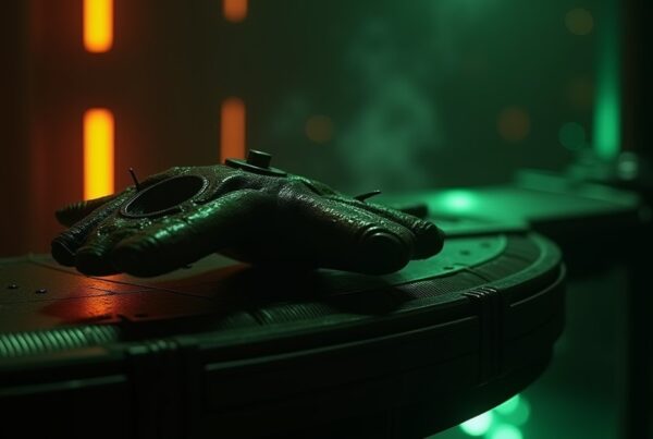 A handheld Cardassian interrogation actuator glowing on a dark starship console