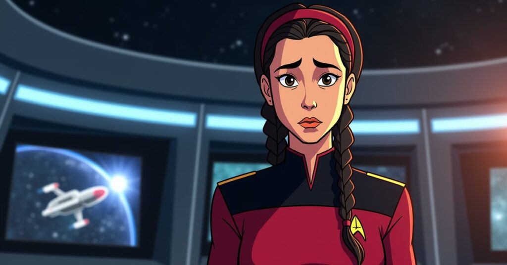 Captain Carol Freeman, Star Trek Fleet Command officer card, in Starfleet uniform on the USS Cerritos bridge.