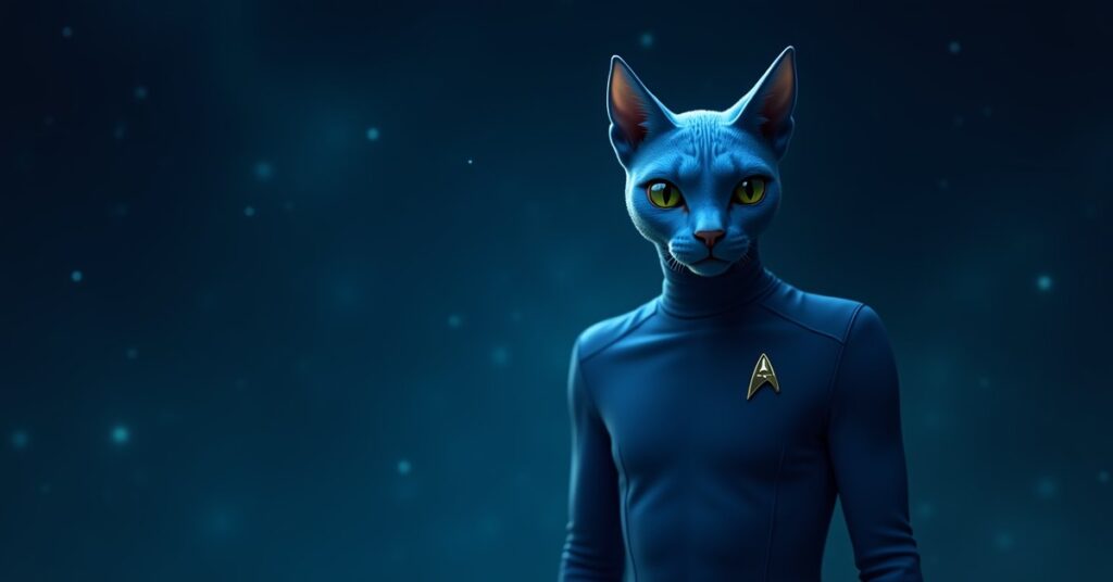 Cat Spock, a Vulcan-feline officer with pointed ears in a blue Starfleet science uniform.