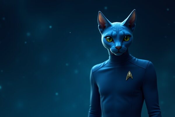 Cat Spock, a Vulcan-feline officer with pointed ears in a blue Starfleet science uniform.