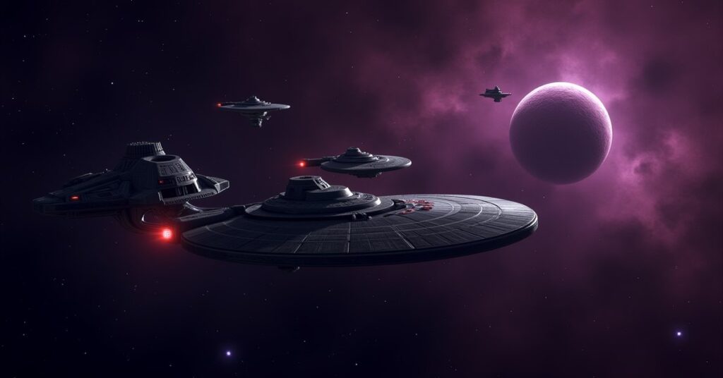 Federation and Klingon ships meeting near a Romulan world before a deep space patrol