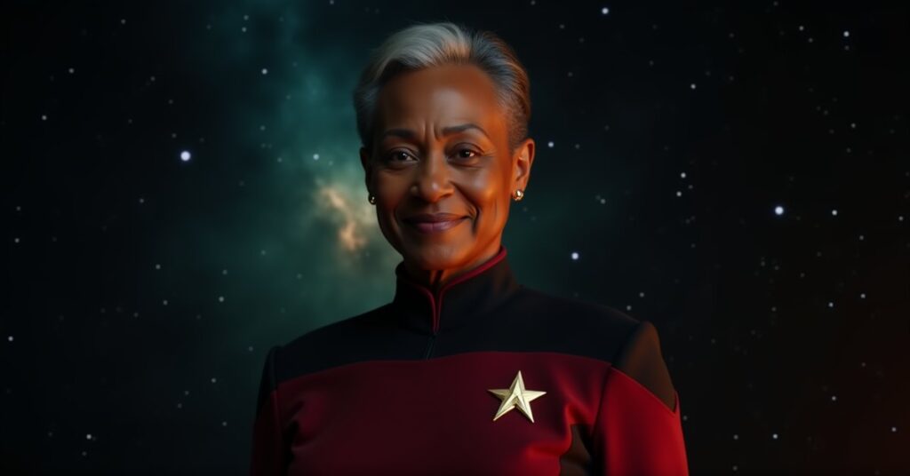 Chancellor Ake, an older half-Lanthanite Starfleet Academy officer in a red 32nd-century uniform, against a starfield.