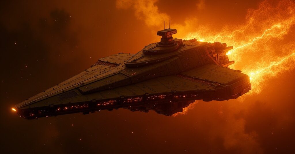 Charged Krenim warship surrounded by glowing temporal energy in Star Trek Fleet Command