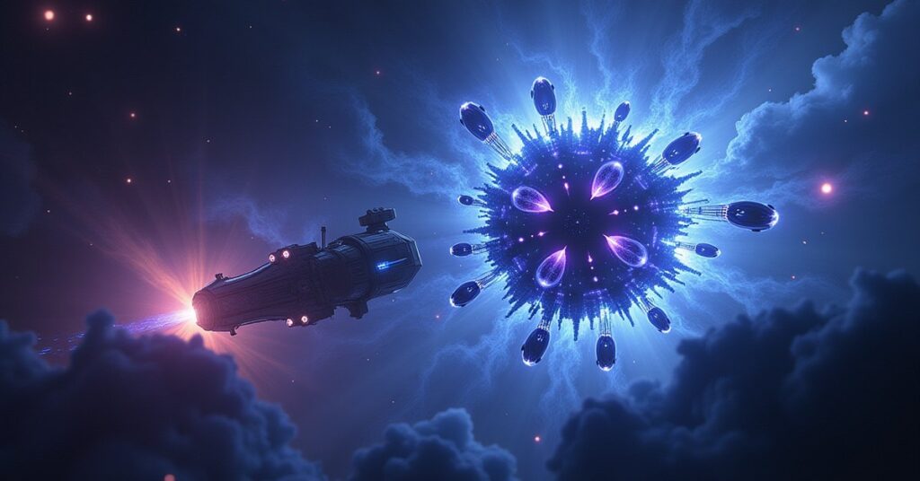 Chronophage Chaos Tech artifact glowing over a Star Trek Fleet Command battleship taking heavy fire in deep space