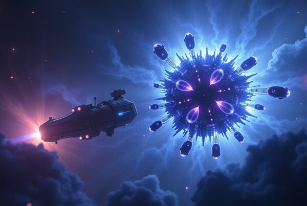Chronophage Chaos Tech artifact glowing over a Star Trek Fleet Command battleship taking heavy fire in deep space