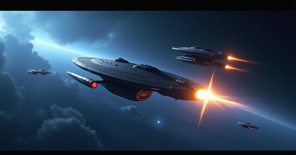Starfleet ship fighting two hostile raider ships in open space during a combat training run