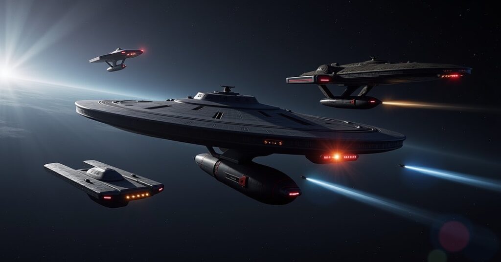 Starfleet ship engaging a group of hostile raiders in open space during a combat training run