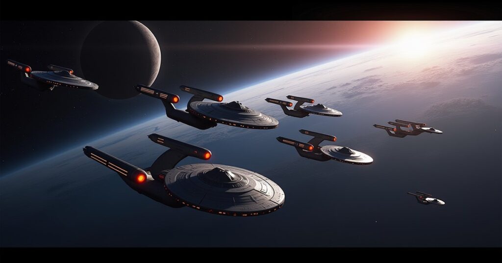 Combat Training Missions in Star Trek Fleet Command: a fleet forming up above a ringed world.
