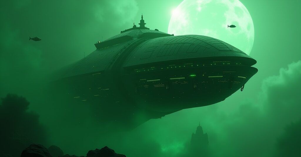 Conqueror Borg Obliterator hostile ship from Star Trek Fleet Command with glowing green Borg hull