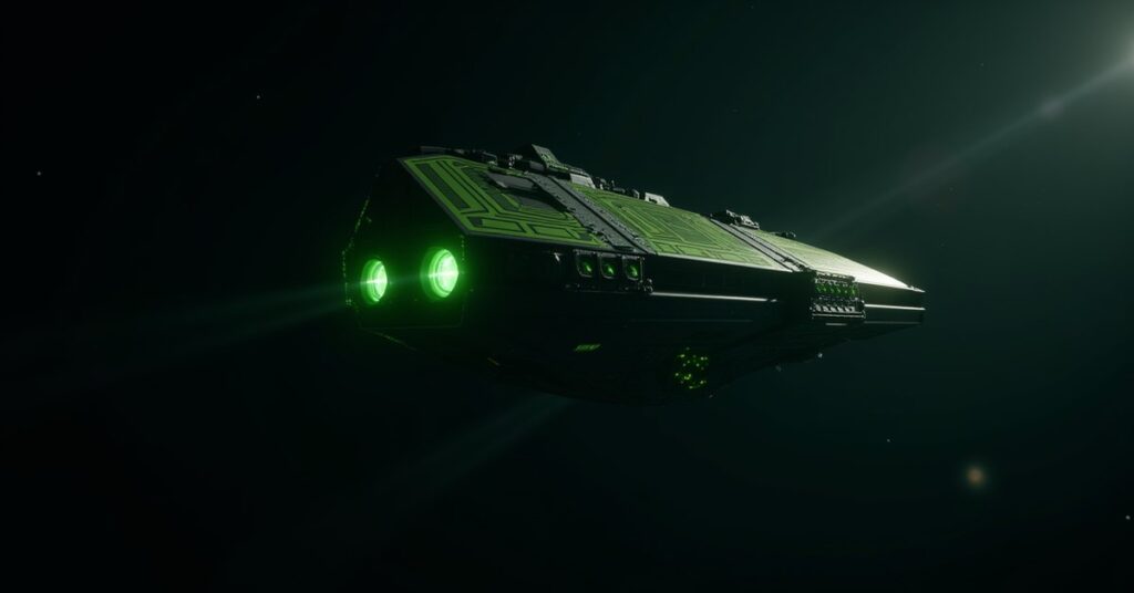 Conqueror Borg Scout survey ship, a green-plated Borg vessel, adrift in deep space