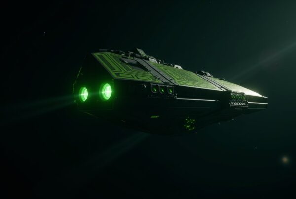 Conqueror Borg Scout survey ship, a green-plated Borg vessel, adrift in deep space