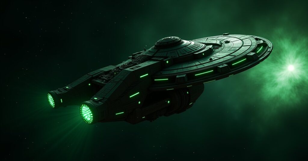 A green Conqueror Borg Explorer-class ship over an assimilated star system in Star Trek Fleet Command.