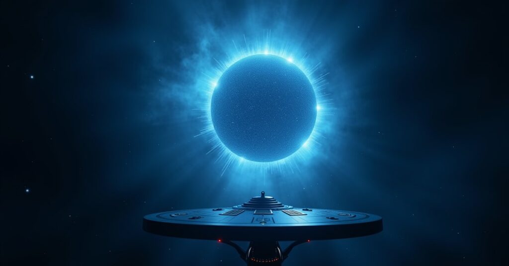 Section 31 artificial intelligence core glowing over a starship hull, dark ominous sci-fi key art