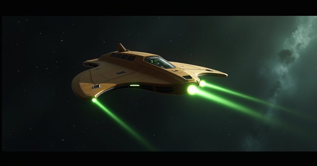 Controlled Galor-Class Cardassian warship firing energy weapons in deep space, a Star Trek Fleet Command hostile