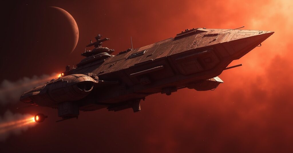 Corvallen Corsair battleship hostile firing on an Interceptor near the Narendra system in Star Trek Fleet Command