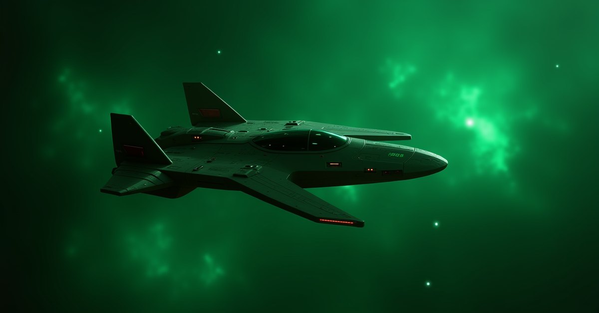 Romulan Corvallen Loyalist Explorer-class warship patrolling deep space, Star Trek Fleet Command key-art style