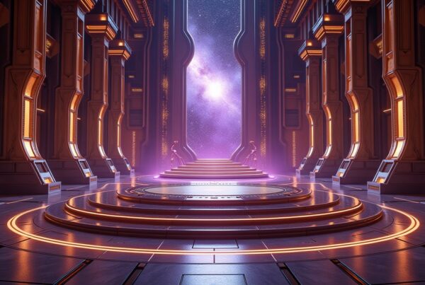 Ornate Court of Q chamber aboard a Star Trek Fleet Command station, gilded throne dais lit by cosmic energy