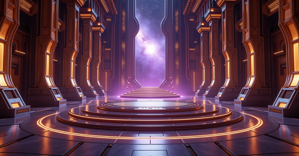 Ornate Court of Q chamber aboard a Star Trek Fleet Command station, gilded throne dais lit by cosmic energy