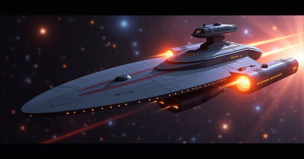 D’deridex Battleship in Star Trek Fleet Command: the ship banking through a nebula, running lights lit.