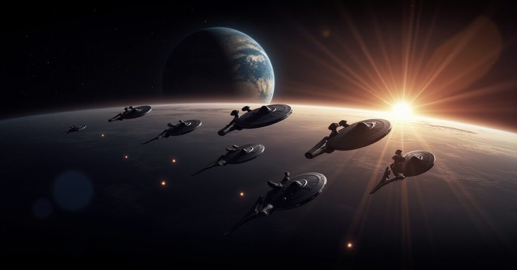 Deep Space Nine Arc in Star Trek Fleet Command: a fleet forming up above a ringed world.