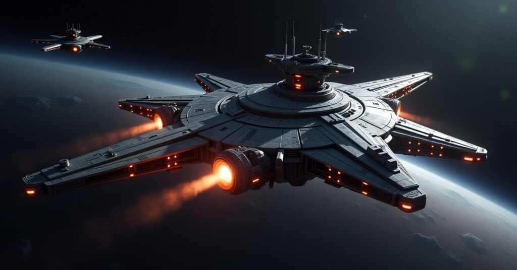 Six lettered defensive turret platforms ringing a Star Trek Fleet Command starbase under fire