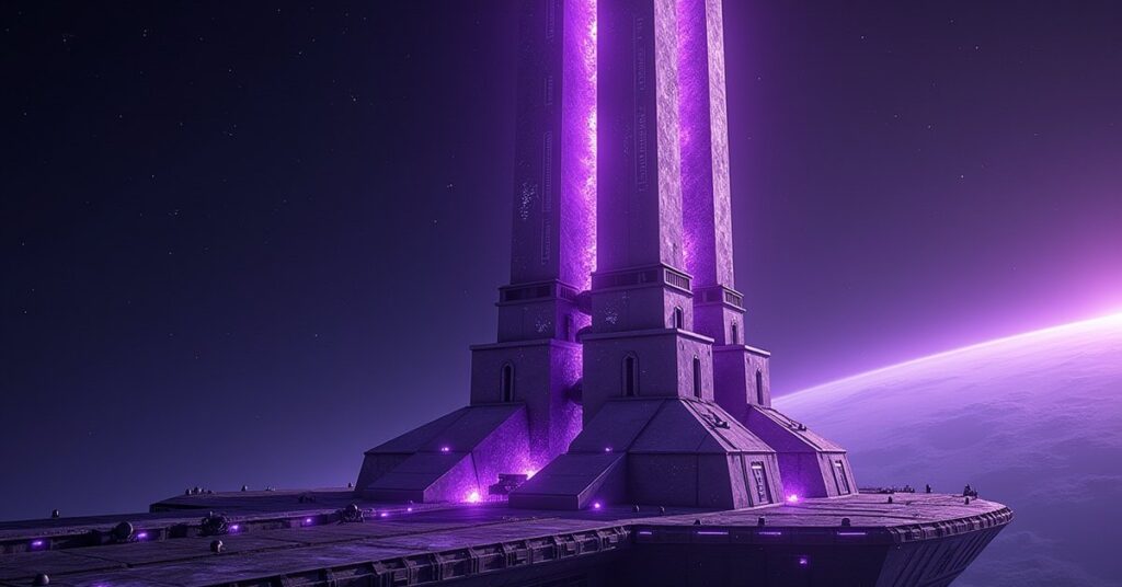 Dilithium Generator building on a Star Trek Fleet Command starbase, glowing violet crystals and conduits.