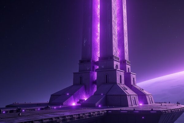 Dilithium Generator building on a Star Trek Fleet Command starbase, glowing violet crystals and conduits.