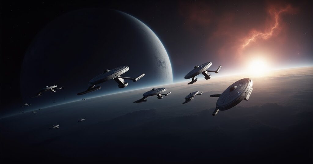 Discovery Arc in Star Trek Fleet Command: a fleet forming up above a ringed world.