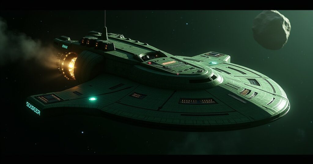 Romulan Divitae survey mining ship beside an asteroid, glowing energy mining laser active in deep space