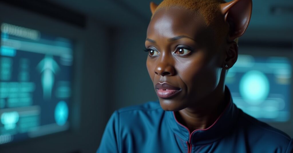 Doctor T'Ana officer card art for STFC, Caitian Starfleet medical officer in sciences uniform.