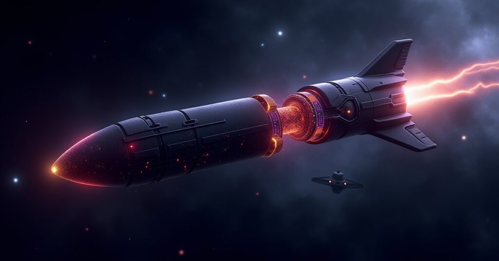 Alien sentient missile with glowing bio-neural circuitry drifting in space near a distant starship