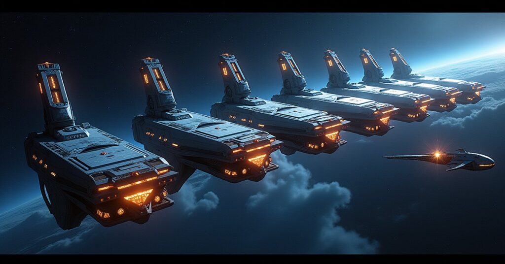 A row of orbital ship docks around a Star Trek Fleet Command starbase, ships berthed for repair.