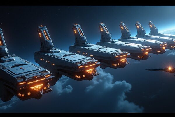 A row of orbital ship docks around a Star Trek Fleet Command starbase, ships berthed for repair.