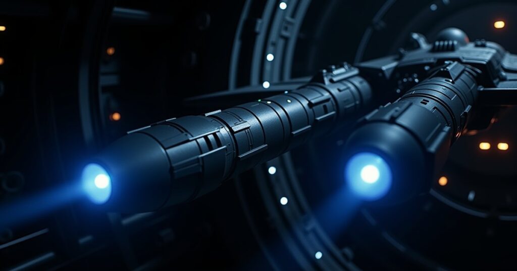Twin photon torpedo warheads glowing blue in a starship launch bay