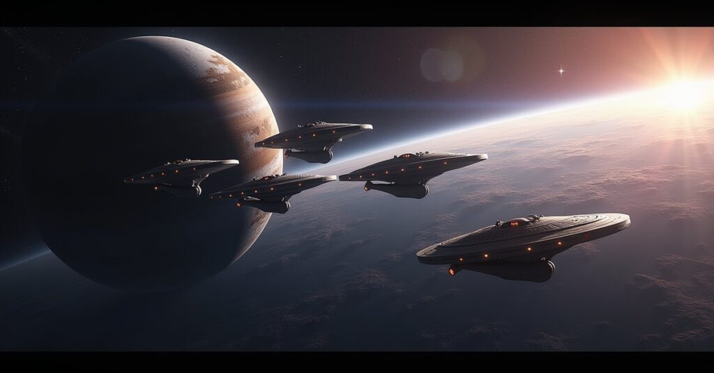 Duality Arc in Star Trek Fleet Command: a fleet forming up above a ringed world.
