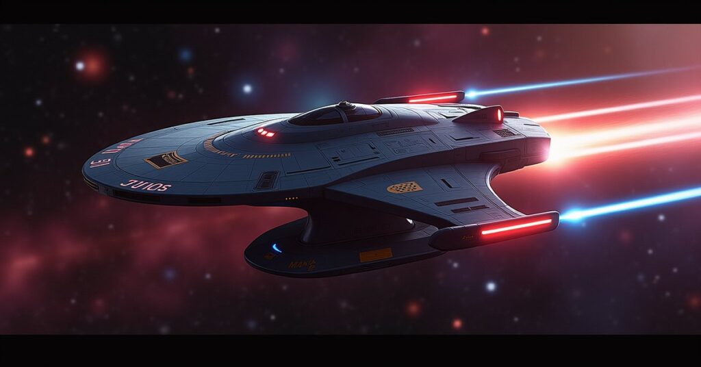 D’Vor Feesha Survey Ship in Star Trek Fleet Command: the ship banking through a nebula, running lights lit.