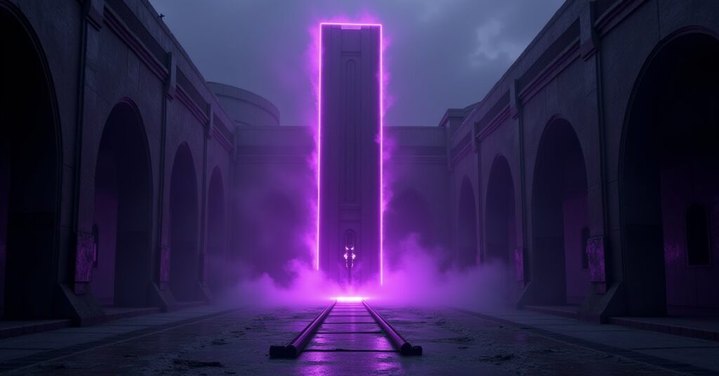 Enaran Execution Post Chaos Tech artifact glowing purple in a Star Trek Fleet Command combat scene