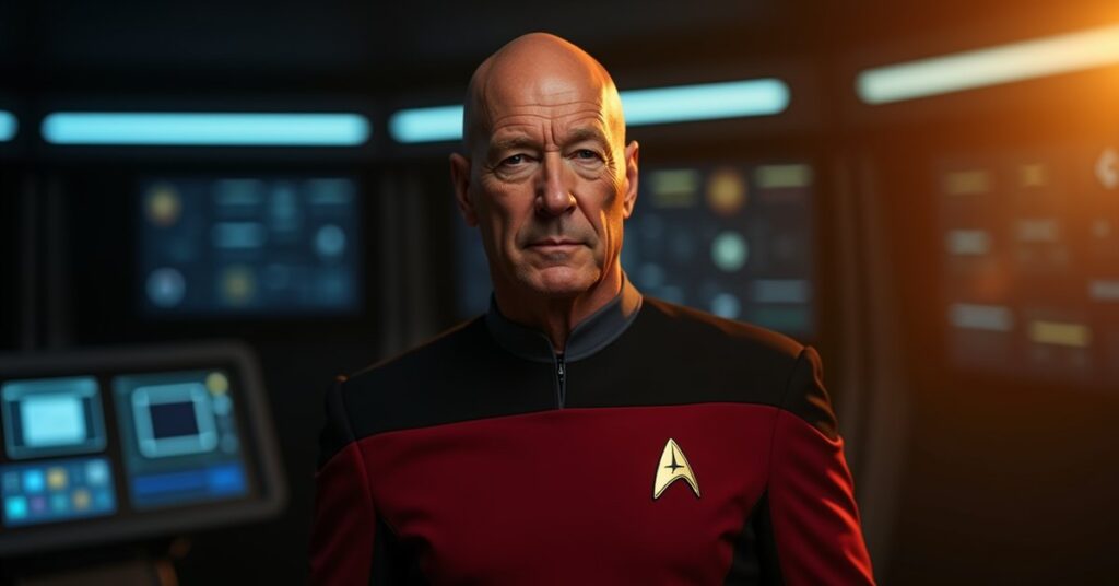 Captain Jean-Luc Picard in red Starfleet command uniform on the Enterprise-E bridge, STFC officer card portrait.