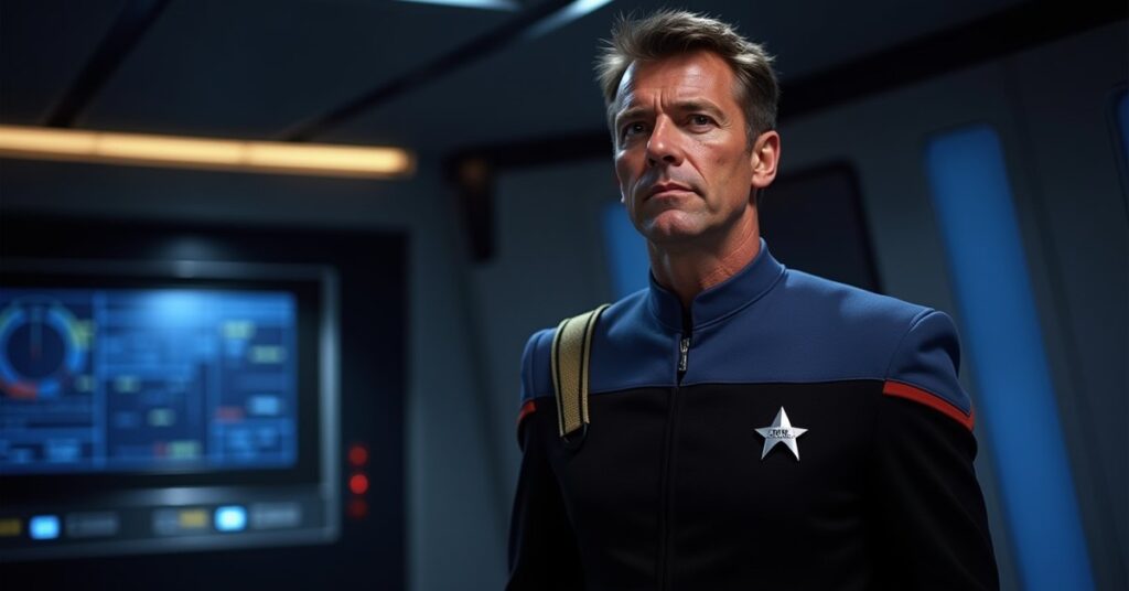 Enterprise-E Riker, Federation Command officer on the Sovereign-class bridge, in STFC officer card art style.