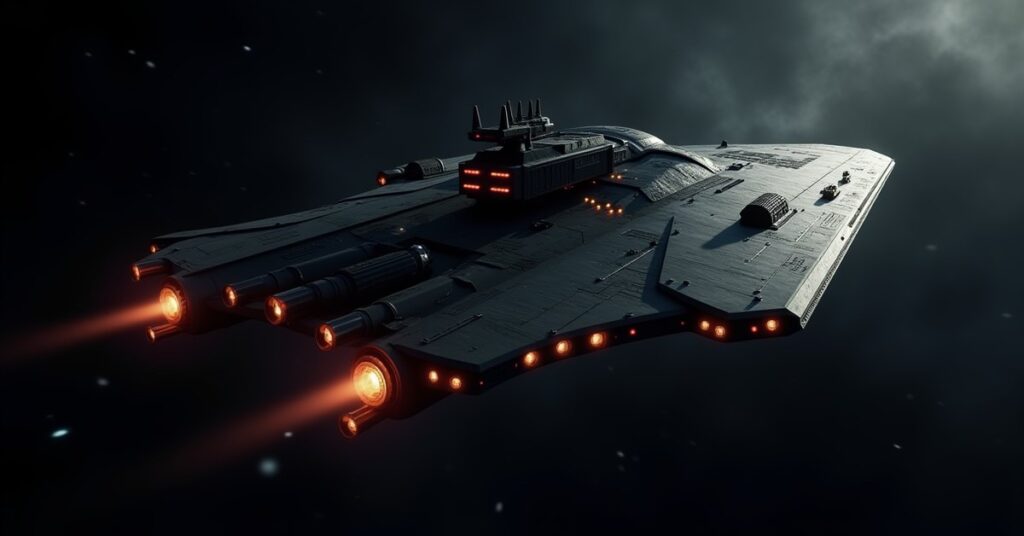 Eternus Crusader battleship hostile bearing down on a lone starship in deep space
