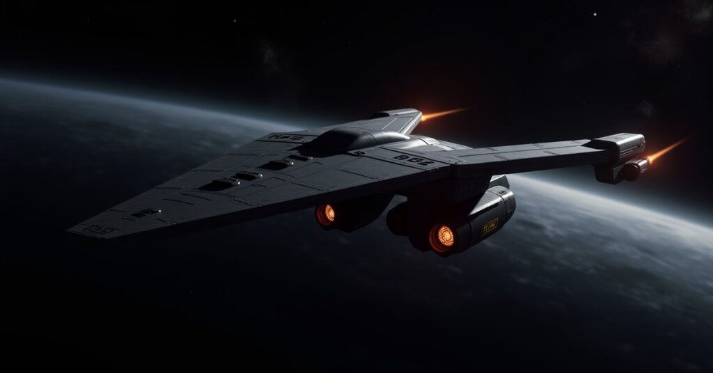 Eternus Zealot Interceptor-class hostile ship in deep space, Star Trek Fleet Command key art style