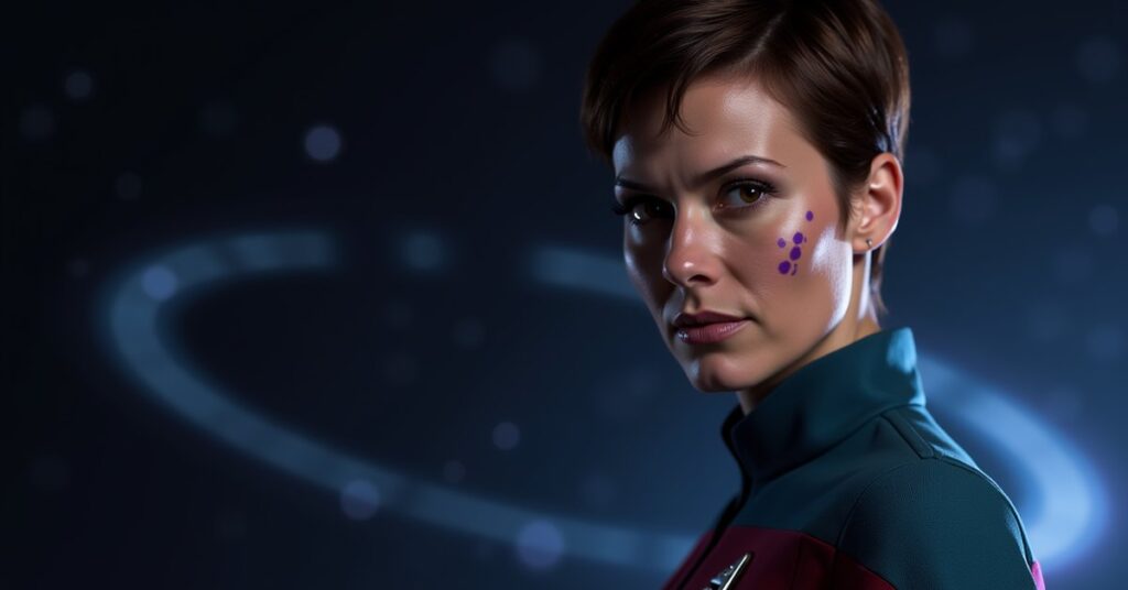 Portrait of Ezri Dax, the Trill counselor from Deep Space Nine, in STFC officer-card art style.