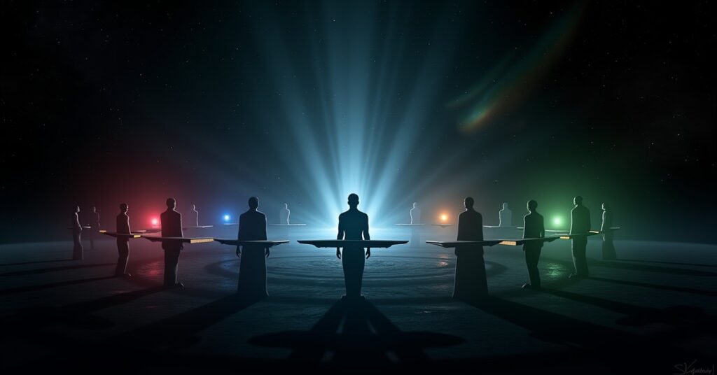 Starships from the major Star Trek Fleet Command factions holding position together in deep space