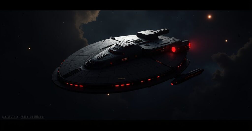Fearless Bandits battleship-class raider ship in deep space, Star Trek Fleet Command key-art style