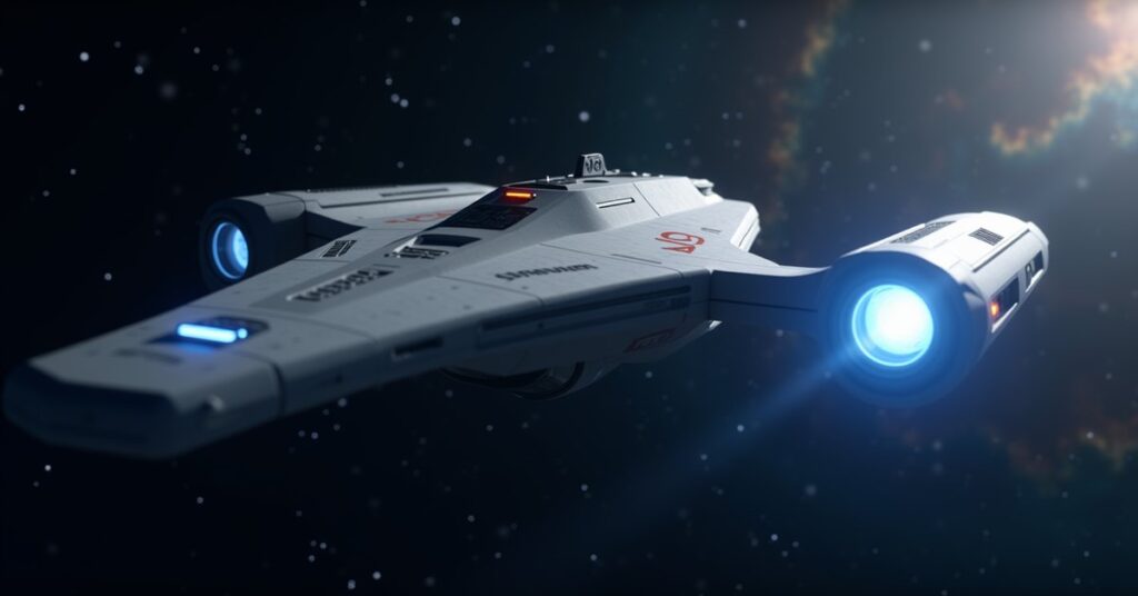 A Federation Explorer-class starship on patrol in deep space, Star Trek Fleet Command key-art style.