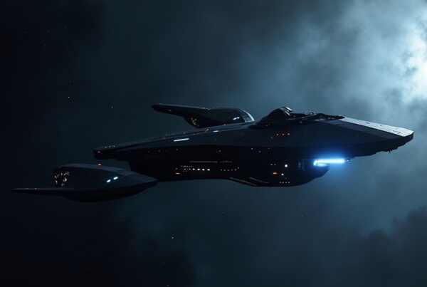 A dark angular Section 31 warship with glowing blue accents drifting over a dim nebula in deep space