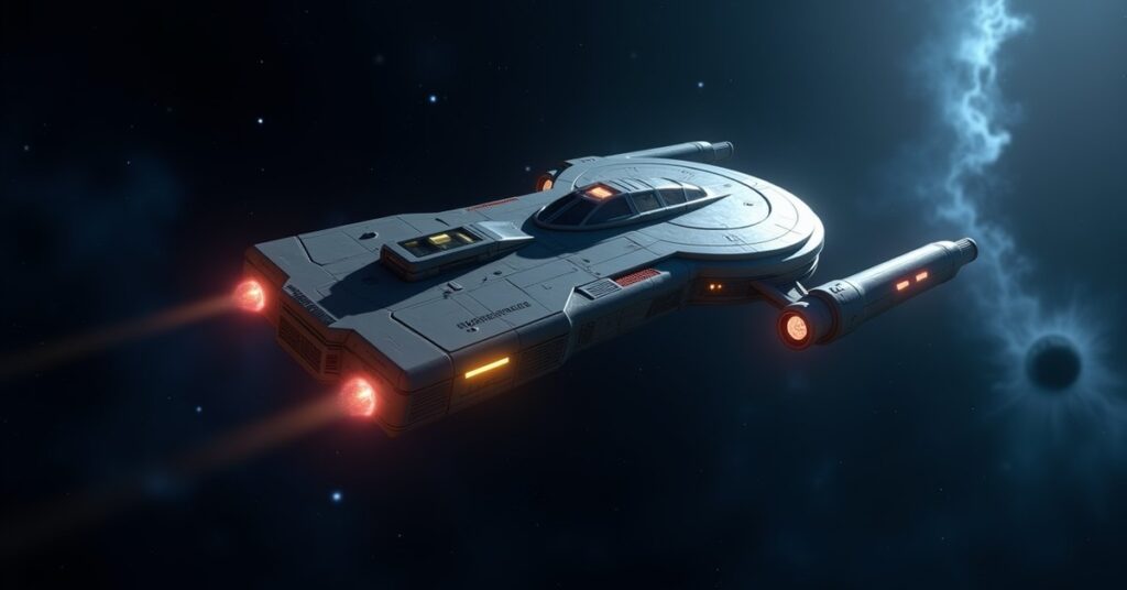 A Federation Starfleet patrol ship on combat alert in deep space, seen from the front quarter