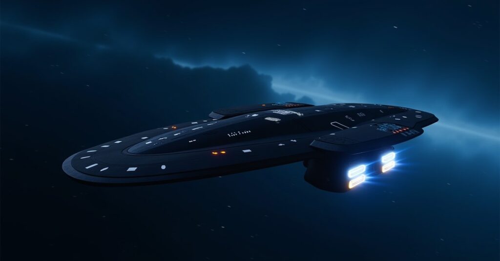 Federation Peacekeeper, an Explorer-class Federation patrol ship, in open space in Star Trek Fleet Command