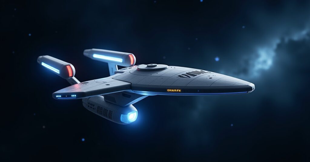 A Federation Survey starship on patrol in deep space, Star Trek Fleet Command key art style